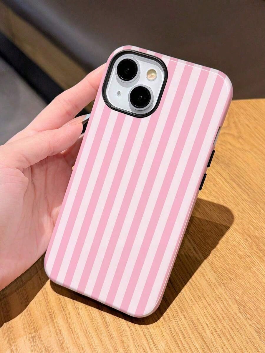 1pc Minimalist Stripe Pattern Perforated Glossy Filmic Case Full Protective Hard Phone Cover, Compatible With IPhone 11/12/13/14/15/16 Pro Max Waterproof Shockproof Anti-Fall Scratch Resistant