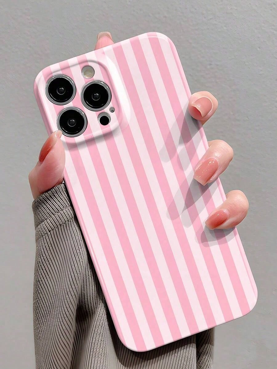 1pc Minimalist Stripe Pattern Perforated Glossy Filmic Case Full Protective Hard Phone Cover, Compatible With IPhone 11/12/13/14/15/16 Pro Max Waterproof Shockproof Anti-Fall Scratch Resistant