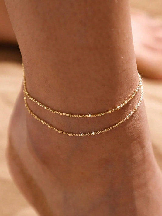 1pc Minimalist Waterproof 18K Stainless Steel Beaded Anklet, Girlfriend Gift, Suitable For Vacation, Party, Daily Wear