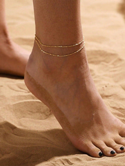 1pc Minimalist Waterproof 18K Stainless Steel Beaded Anklet, Girlfriend Gift, Suitable For Vacation, Party, Daily Wear