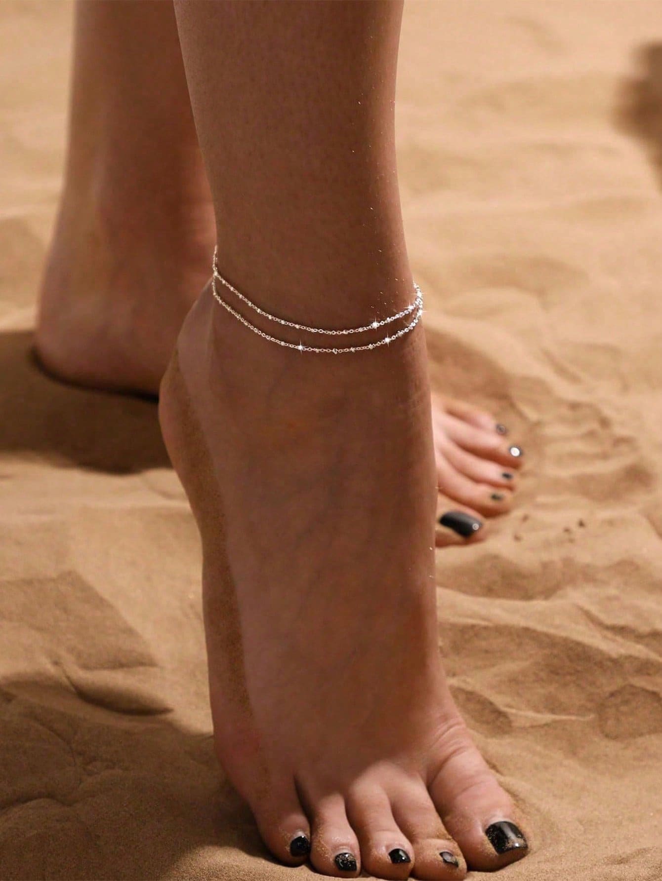 1pc Minimalist Waterproof 18K Stainless Steel Beaded Anklet, Girlfriend Gift, Suitable For Vacation, Party, Daily Wear