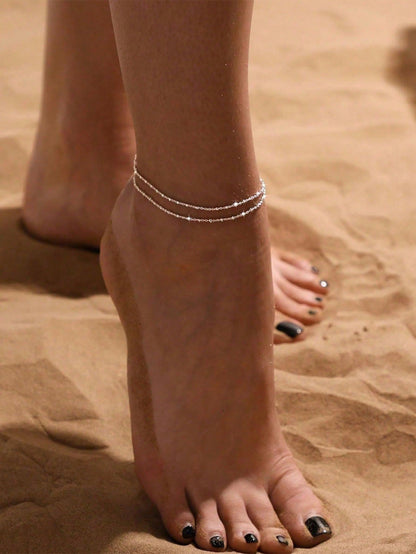 1pc Minimalist Waterproof 18K Stainless Steel Beaded Anklet, Girlfriend Gift, Suitable For Vacation, Party, Daily Wear