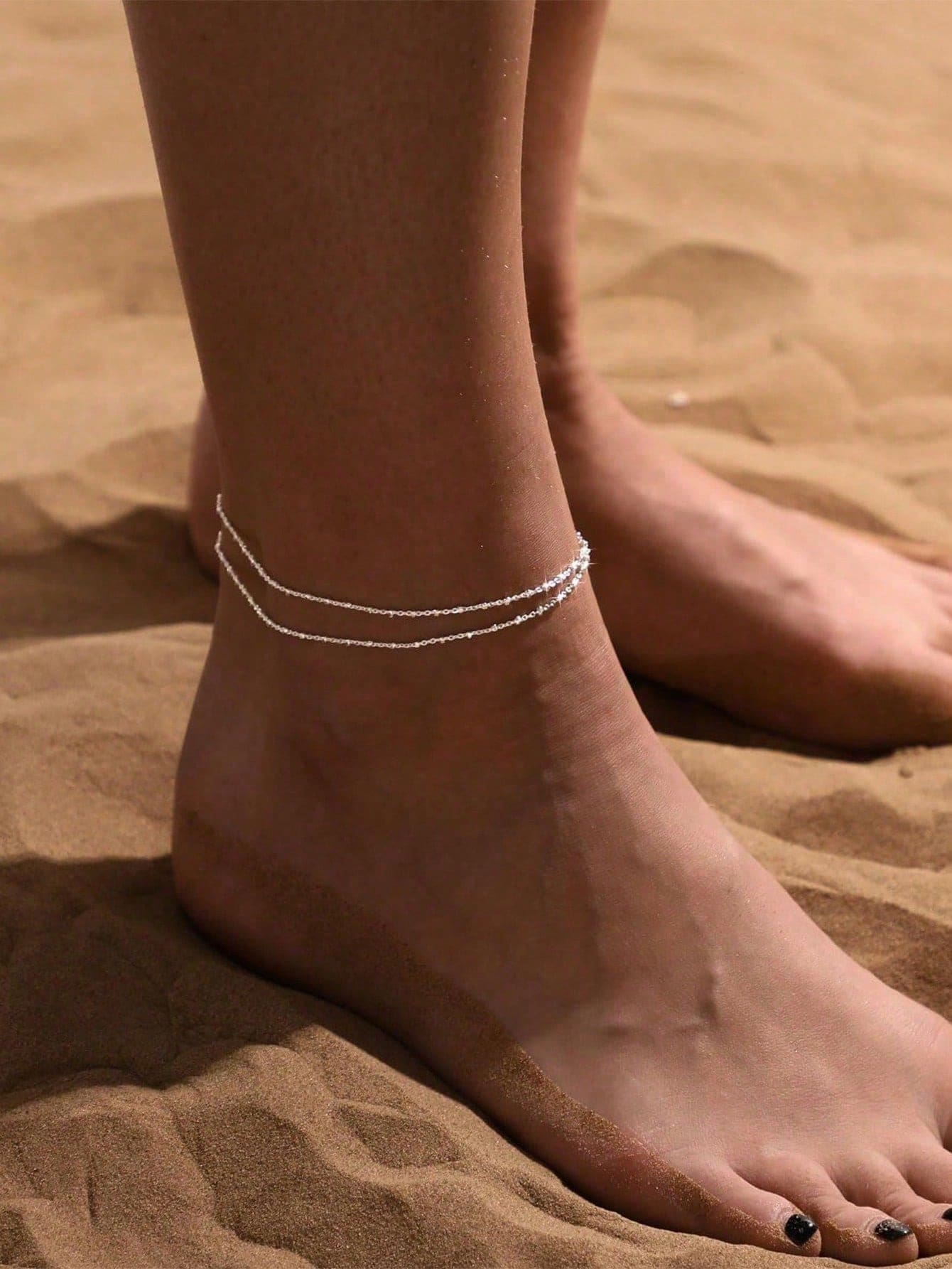 1pc Minimalist Waterproof 18K Stainless Steel Beaded Anklet, Girlfriend Gift, Suitable For Vacation, Party, Daily Wear