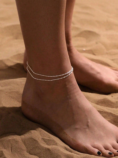 1pc Minimalist Waterproof 18K Stainless Steel Beaded Anklet, Girlfriend Gift, Suitable For Vacation, Party, Daily Wear