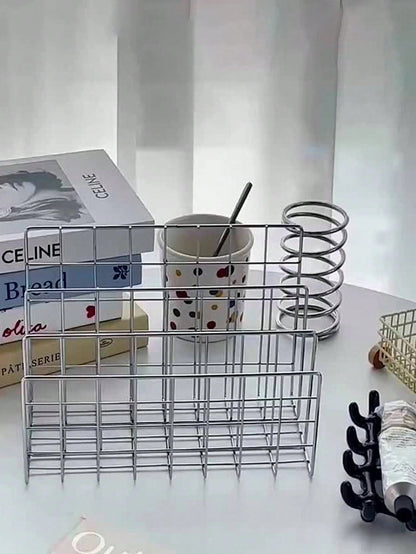 1pc Modern Minimalist Metal Book Shelf With 3 Storage Baskets, Nordic Style Rectangular Magazine & Newspaper Organizer Box For Home Office Decor,For Back To School