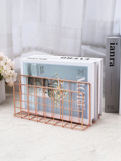 1pc Modern Minimalist Metal Book Shelf With 3 Storage Baskets, Nordic Style Rectangular Magazine & Newspaper Organizer Box For Home Office Decor,For Back To School