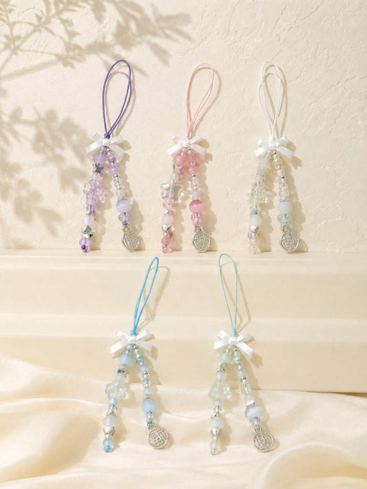 1pc Multi-Color Satin Bow Double Tassel Beaded Phone Lanyard Transparent Crystal Imitation Jade Bead Chinese Fu Character Metal Tag Thin Nylon String Pendant Decor For Cell Phone CCD Camera Earbud Cas