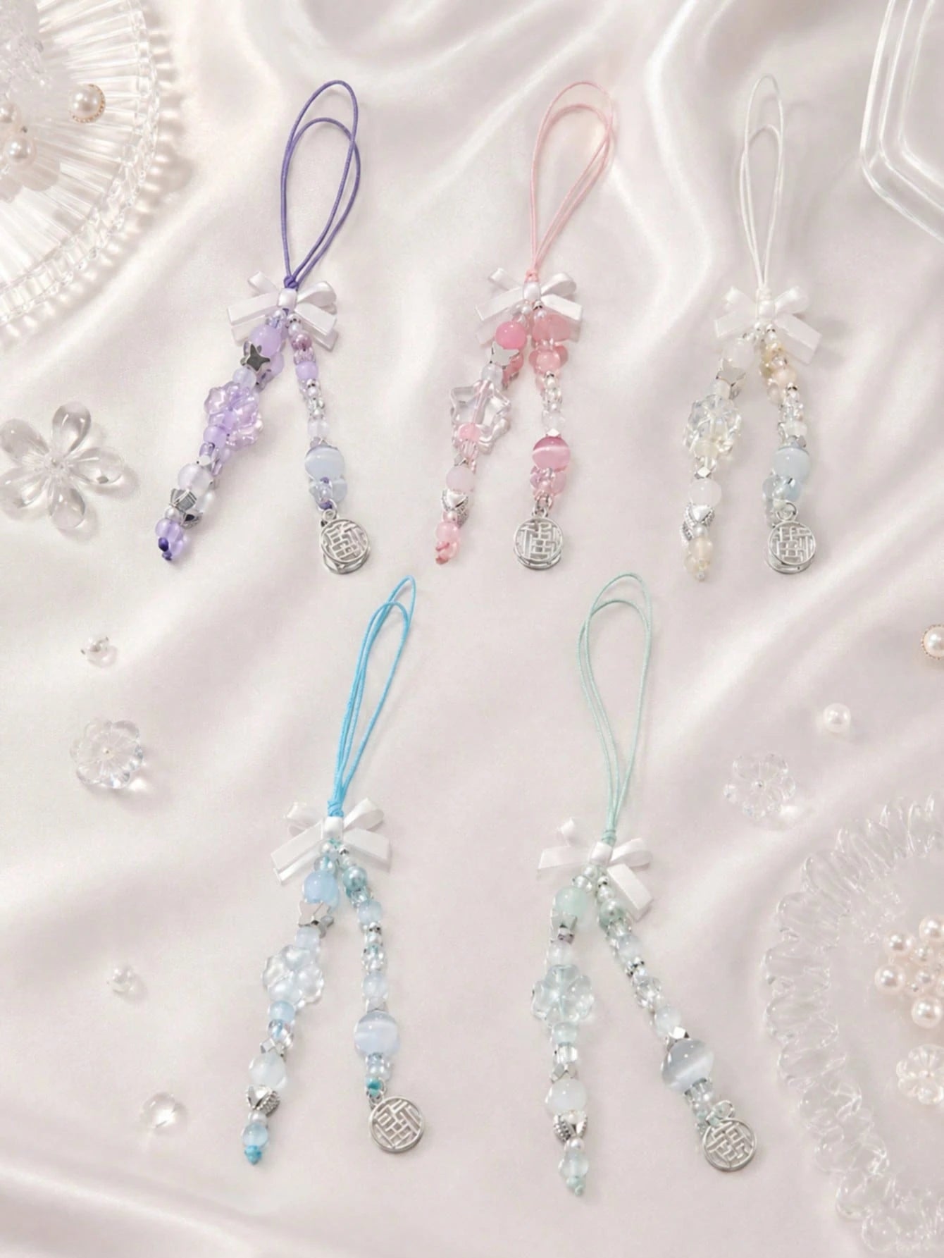 1pc Multi-Color Satin Bow Double Tassel Beaded Phone Lanyard Transparent Crystal Imitation Jade Bead Chinese Fu Character Metal Tag Thin Nylon String Pendant Decor For Cell Phone CCD Camera Earbud Cas