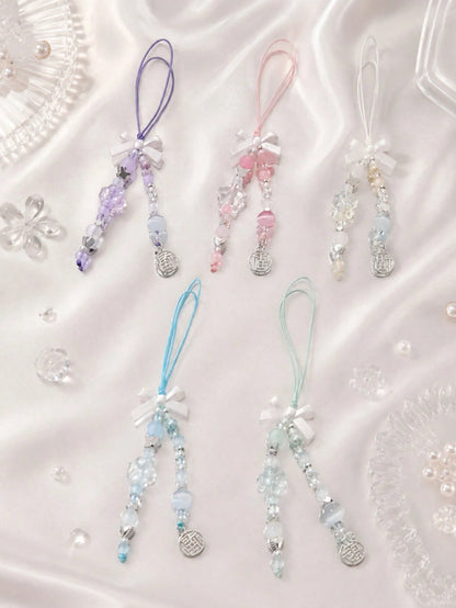 1pc Multi-Color Satin Bow Double Tassel Beaded Phone Lanyard Transparent Crystal Imitation Jade Bead Chinese Fu Character Metal Tag Thin Nylon String Pendant Decor For Cell Phone CCD Camera Earbud Cas