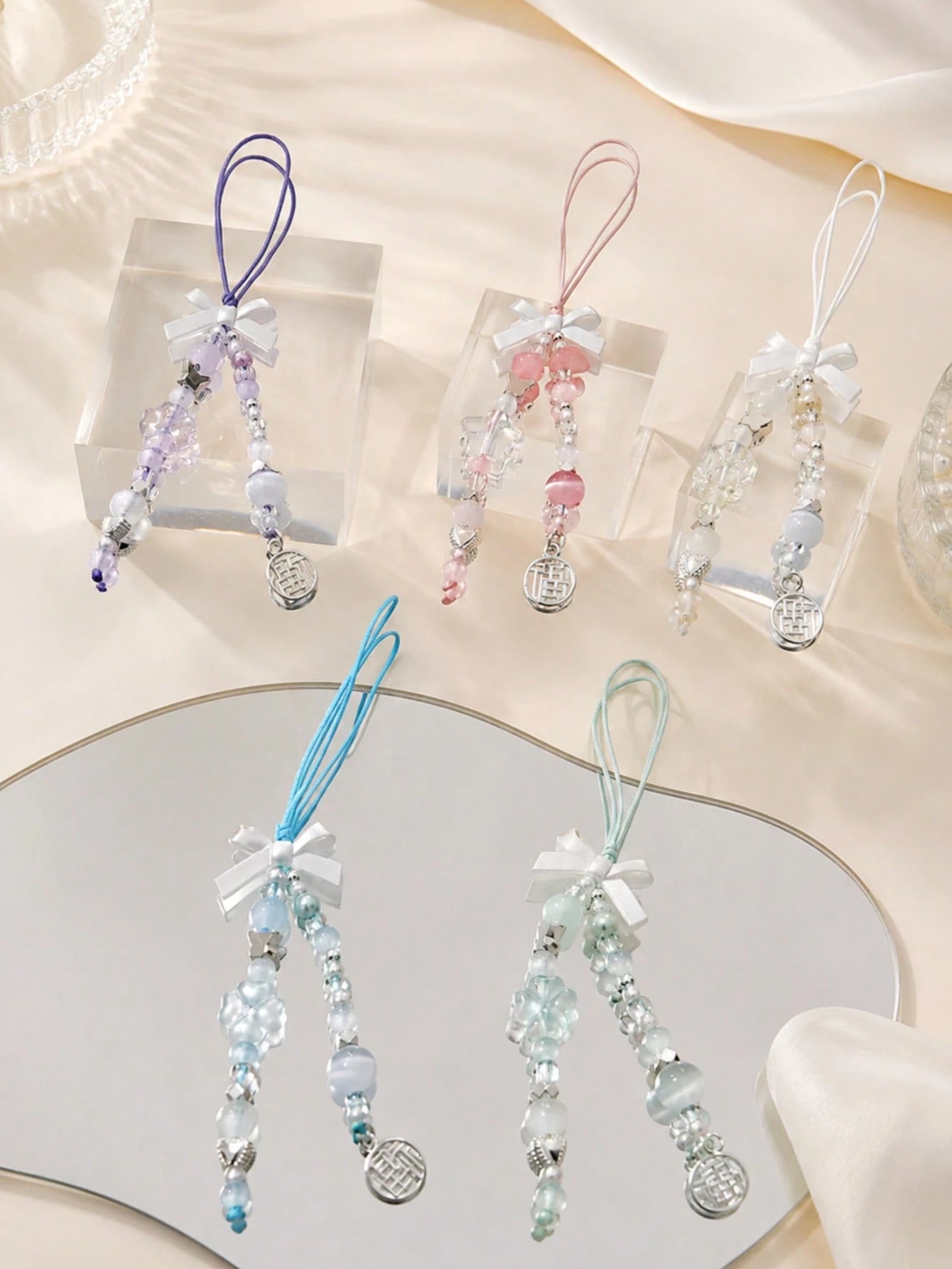 1pc Multi-Color Satin Bow Double Tassel Beaded Phone Lanyard Transparent Crystal Imitation Jade Bead Chinese Fu Character Metal Tag Thin Nylon String Pendant Decor For Cell Phone CCD Camera Earbud Cas