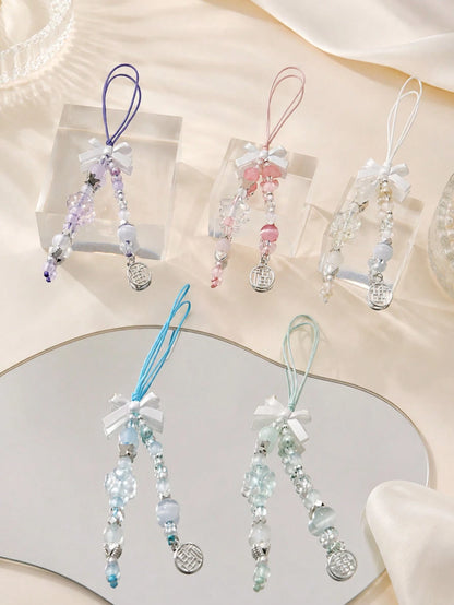 1pc Multi-Color Satin Bow Double Tassel Beaded Phone Lanyard Transparent Crystal Imitation Jade Bead Chinese Fu Character Metal Tag Thin Nylon String Pendant Decor For Cell Phone CCD Camera Earbud Cas