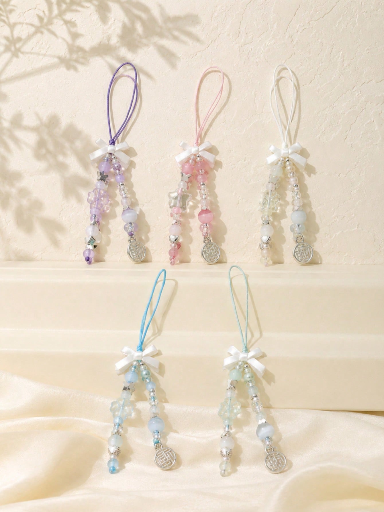 1pc Multi-Color Satin Bow Double Tassel Beaded Phone Lanyard Transparent Crystal Imitation Jade Bead Chinese Fu Character Metal Tag Thin Nylon String Pendant Decor For Cell Phone CCD Camera Earbud Cas