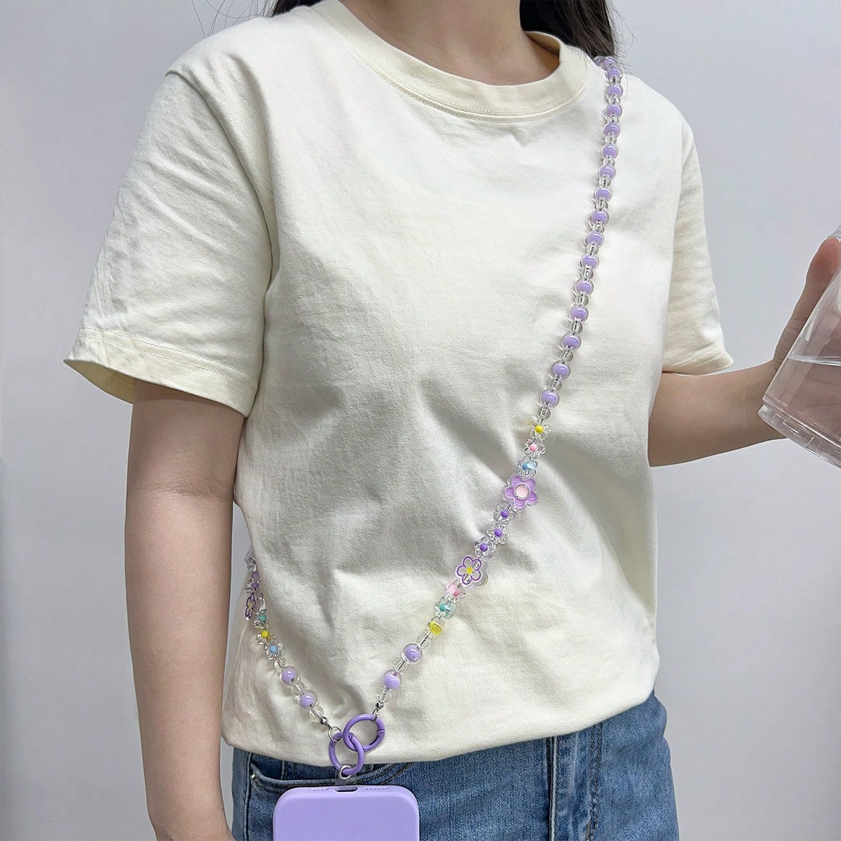 1pc Multipurpose Flower Shaped Beaded Acrylic Resin Detachable Lanyard, Suitable For Most Phone Cases, CCD Cameras And Earphone Cases