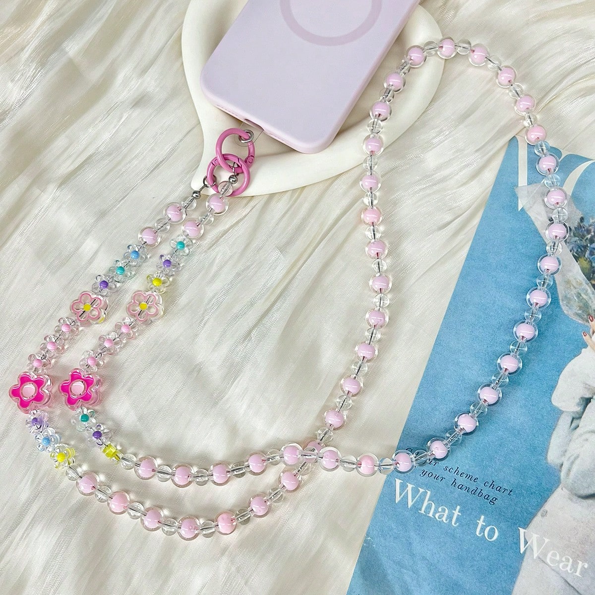 1pc Multipurpose Flower Shaped Beaded Acrylic Resin Detachable Lanyard, Suitable For Most Phone Cases, CCD Cameras And Earphone Cases
