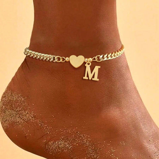 1pc New Classic Heart Initial Pendant Gold Stainless Steel Chain Anklet For Women