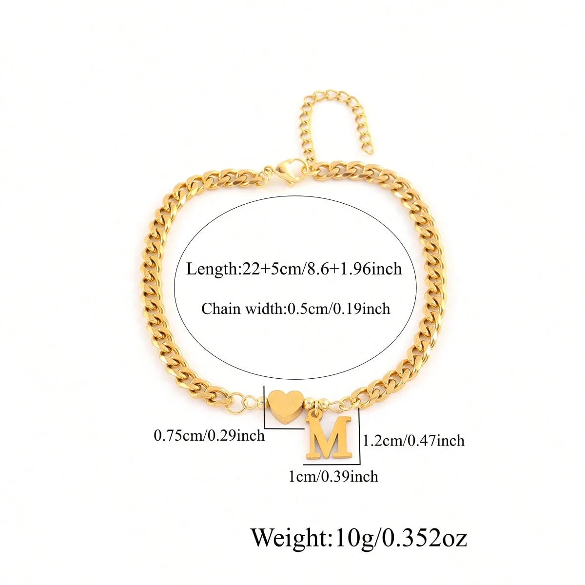 1pc New Classic Heart Initial Pendant Gold Stainless Steel Chain Anklet For Women