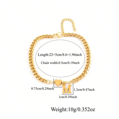 1pc New Classic Heart Initial Pendant Gold Stainless Steel Chain Anklet For Women