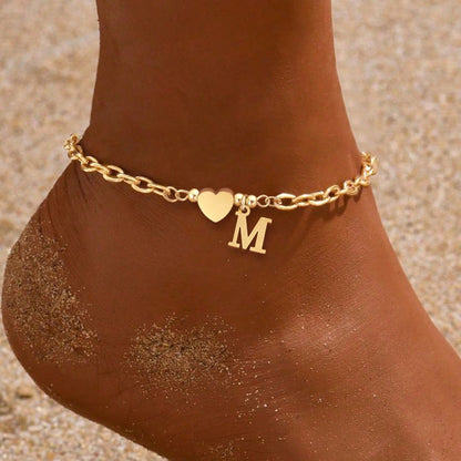 1pc New Classic Heart Initial Pendant Gold Stainless Steel Chain Anklet For Women