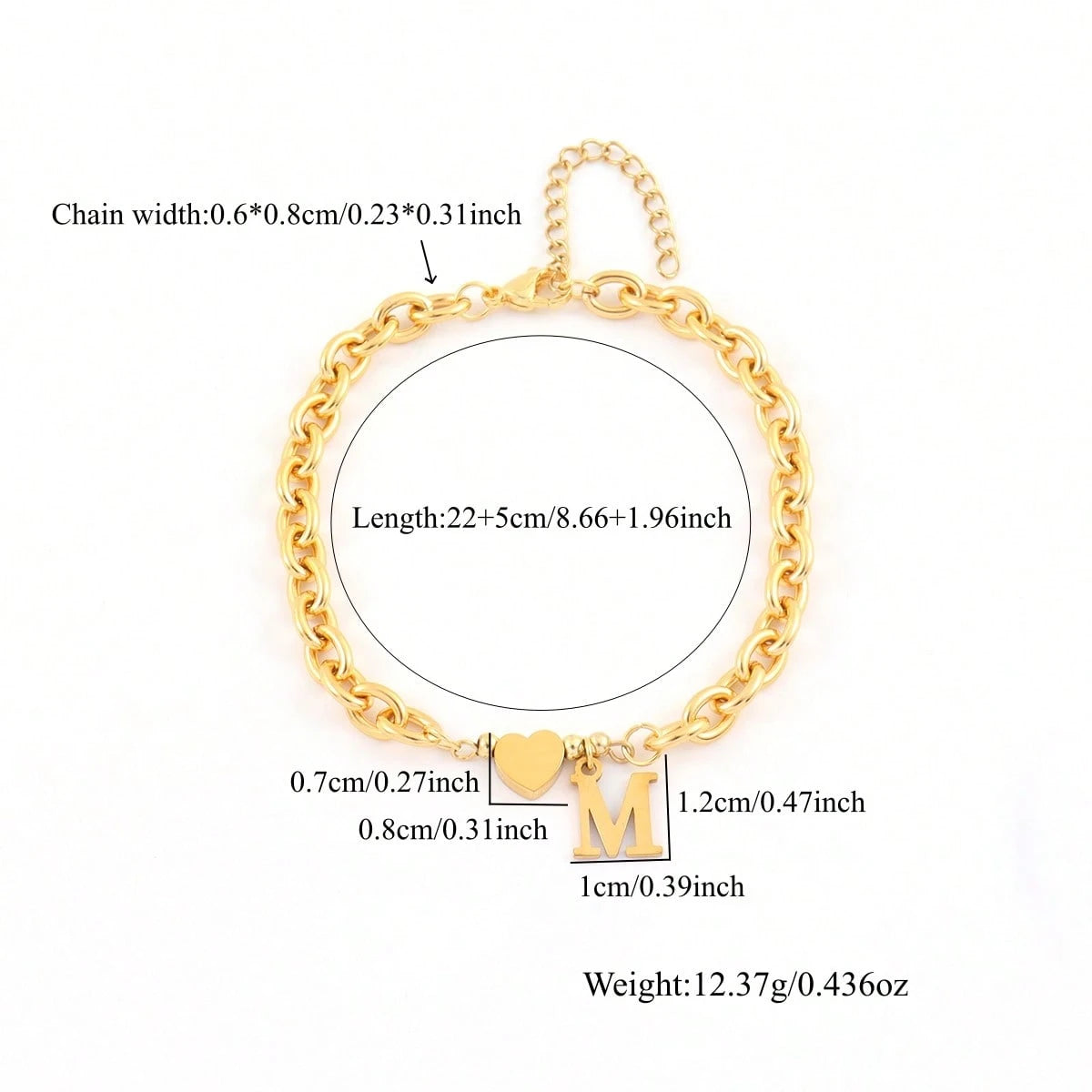 1pc New Classic Heart Initial Pendant Gold Stainless Steel Chain Anklet For Women