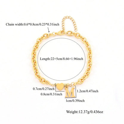 1pc New Classic Heart Initial Pendant Gold Stainless Steel Chain Anklet For Women