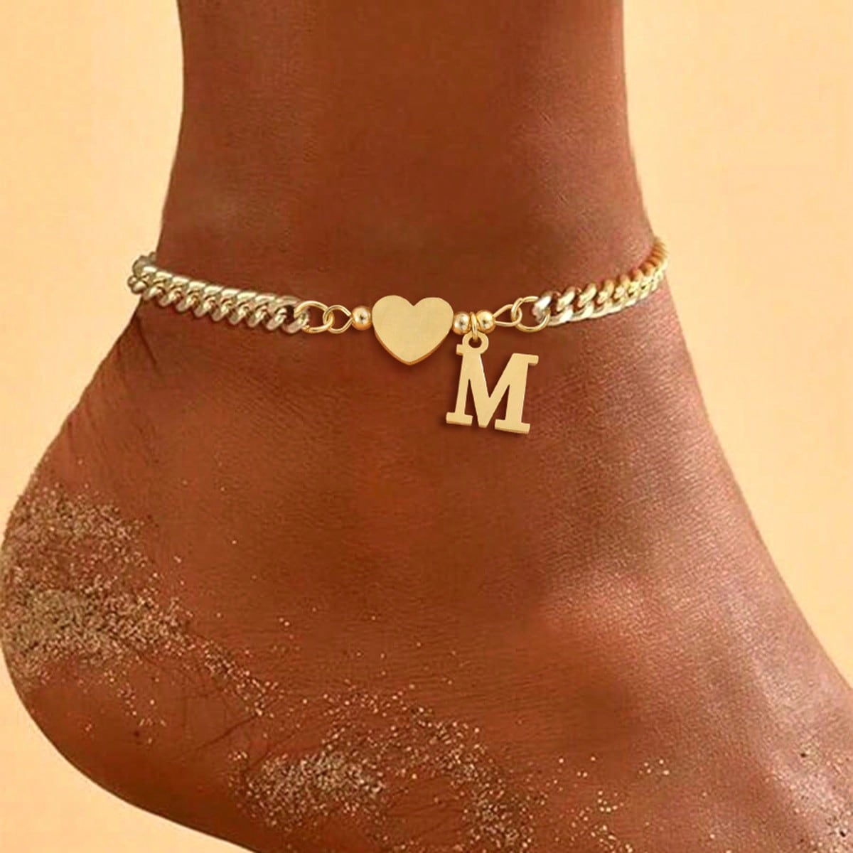 1pc New Classic Heart Initial Pendant Gold Stainless Steel Chain Anklet For Women