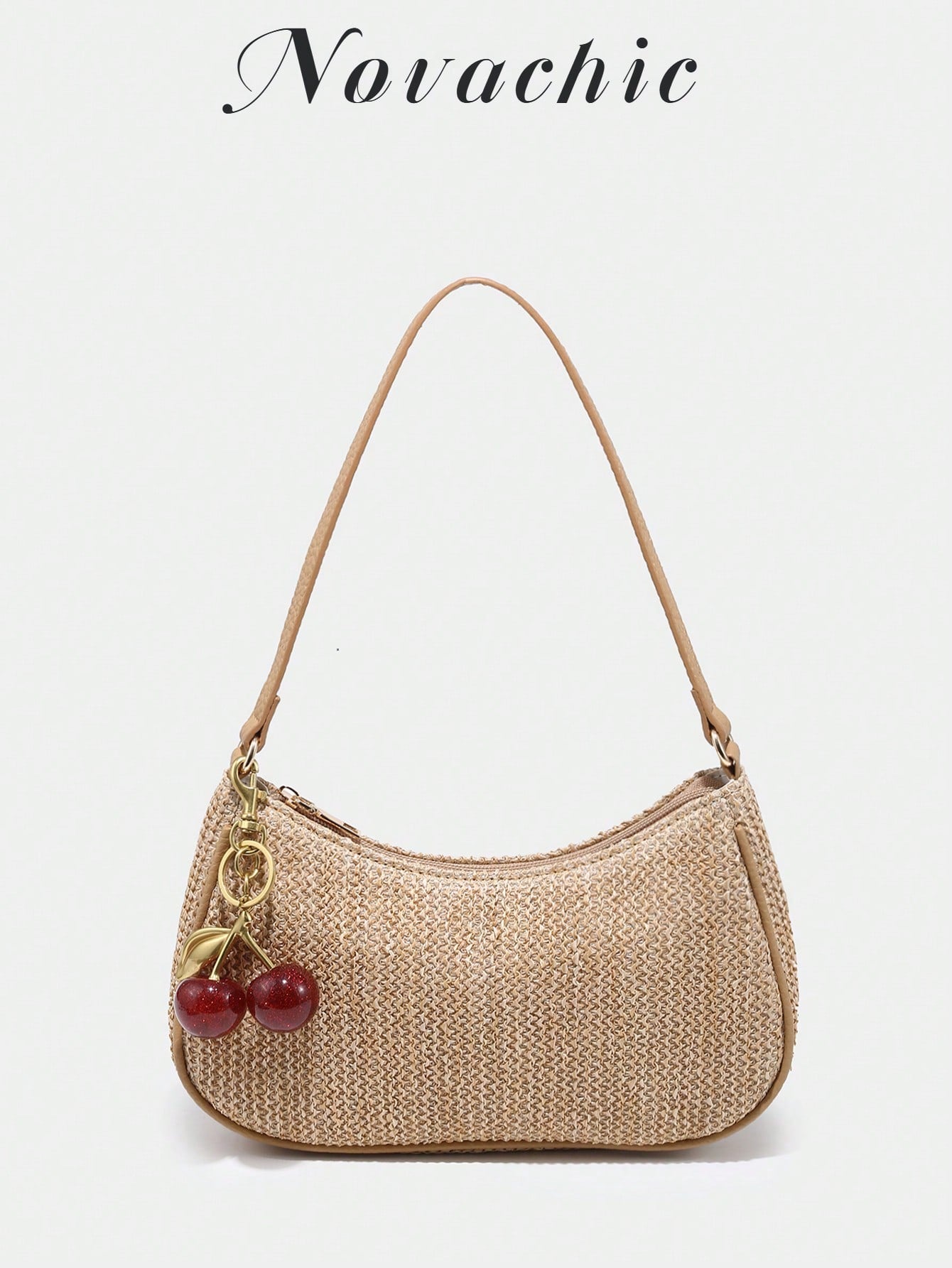 1pc Novachic Summer Straw Decor Pendant, Cherry Shaped Ornament, Women Minimalist Shoulder Bag, Zipper Closure, Retro Style Underarm Bag, Suitable For Various Occasions