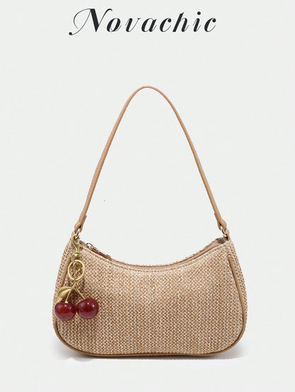 1pc Novachic Summer Straw Decor Pendant, Cherry Shaped Ornament, Women Minimalist Shoulder Bag, Zipper Closure, Retro Style Underarm Bag, Suitable For Various Occasions
