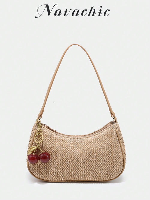 1pc Novachic Summer Straw Decor Pendant, Cherry Shaped Ornament, Women Minimalist Shoulder Bag, Zipper Closure, Retro Style Underarm Bag, Suitable For Various Occasions