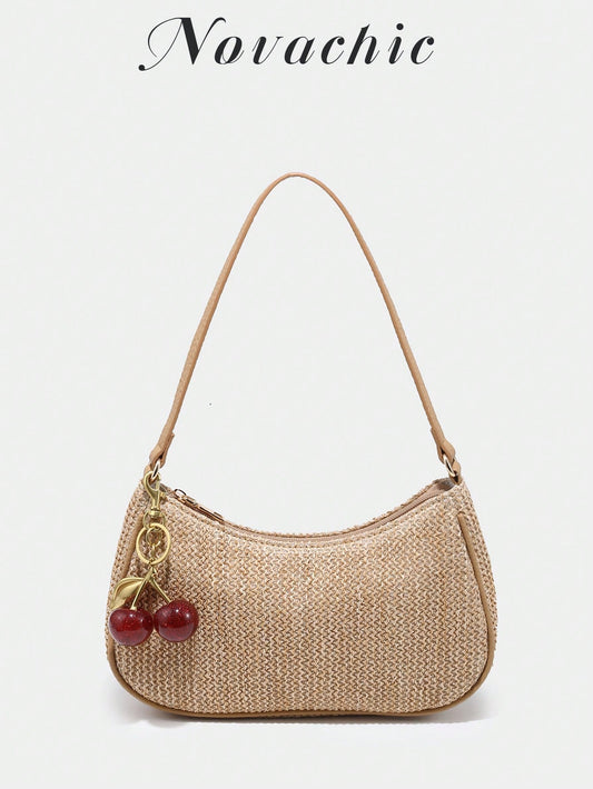 1pc Novachic Summer Straw Decor Pendant, Cherry Shaped Ornament, Women Minimalist Shoulder Bag, Zipper Closure, Retro Style Underarm Bag, Suitable For Various Occasions