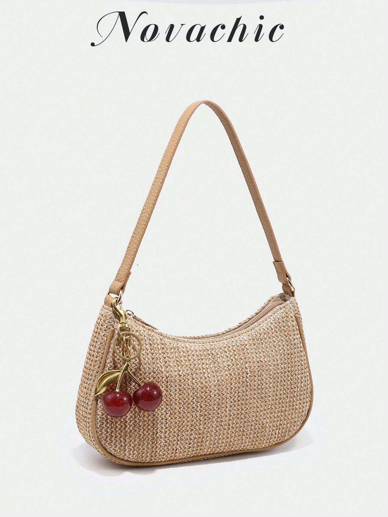 1pc Novachic Summer Straw Decor Pendant, Cherry Shaped Ornament, Women Minimalist Shoulder Bag, Zipper Closure, Retro Style Underarm Bag, Suitable For Various Occasions