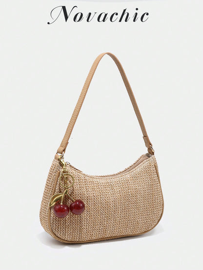 1pc Novachic Summer Straw Decor Pendant, Cherry Shaped Ornament, Women Minimalist Shoulder Bag, Zipper Closure, Retro Style Underarm Bag, Suitable For Various Occasions