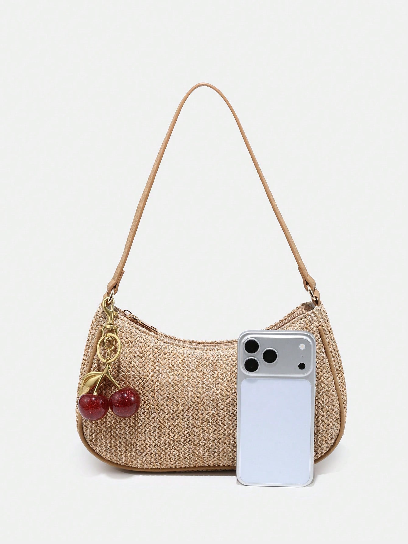 1pc Novachic Summer Straw Decor Pendant, Cherry Shaped Ornament, Women Minimalist Shoulder Bag, Zipper Closure, Retro Style Underarm Bag, Suitable For Various Occasions
