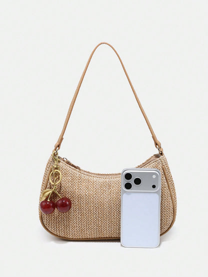 1pc Novachic Summer Straw Decor Pendant, Cherry Shaped Ornament, Women Minimalist Shoulder Bag, Zipper Closure, Retro Style Underarm Bag, Suitable For Various Occasions