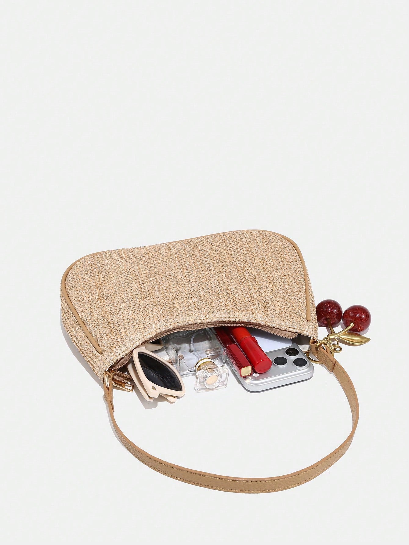 1pc Novachic Summer Straw Decor Pendant, Cherry Shaped Ornament, Women Minimalist Shoulder Bag, Zipper Closure, Retro Style Underarm Bag, Suitable For Various Occasions
