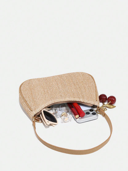 1pc Novachic Summer Straw Decor Pendant, Cherry Shaped Ornament, Women Minimalist Shoulder Bag, Zipper Closure, Retro Style Underarm Bag, Suitable For Various Occasions