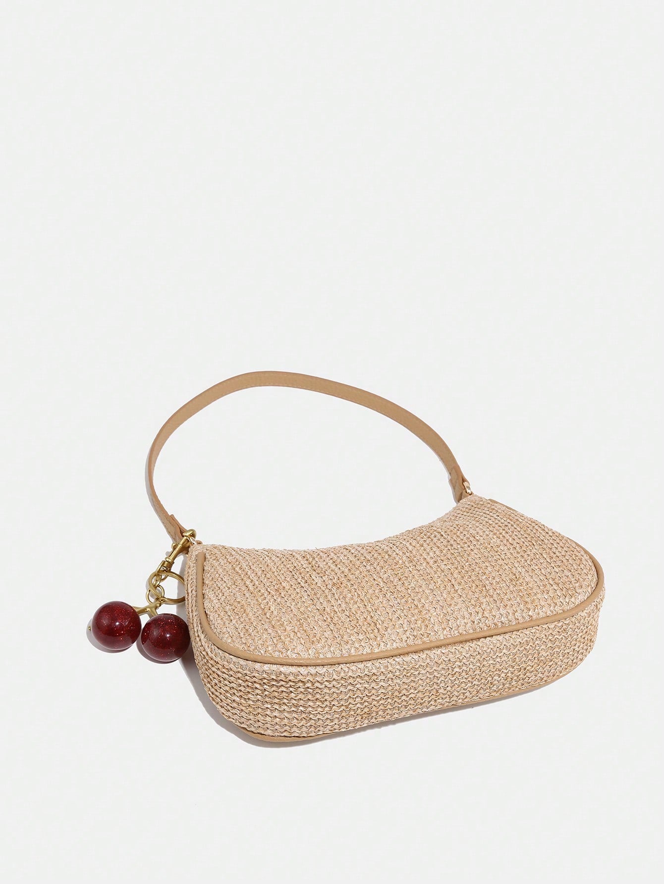 1pc Novachic Summer Straw Decor Pendant, Cherry Shaped Ornament, Women Minimalist Shoulder Bag, Zipper Closure, Retro Style Underarm Bag, Suitable For Various Occasions