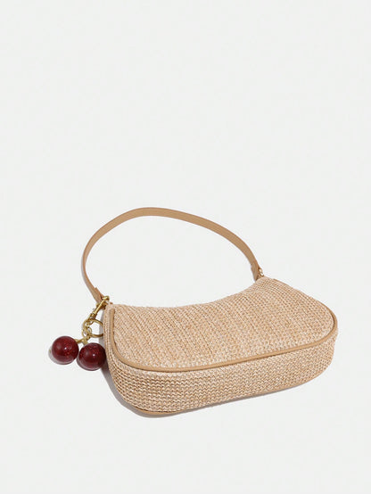 1pc Novachic Summer Straw Decor Pendant, Cherry Shaped Ornament, Women Minimalist Shoulder Bag, Zipper Closure, Retro Style Underarm Bag, Suitable For Various Occasions