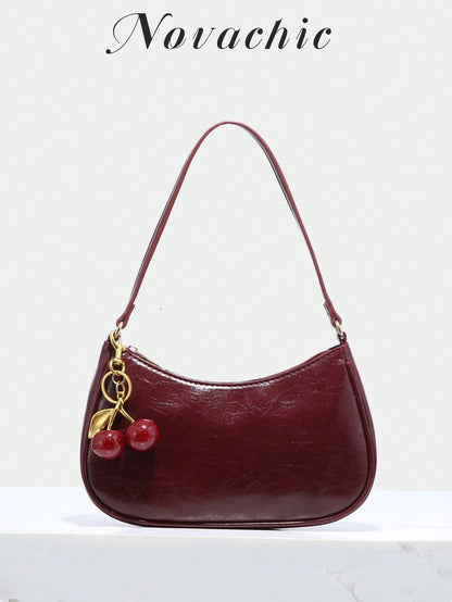 1pc Novachic Summer Straw Decor Pendant, Cherry Shaped Ornament, Women Minimalist Shoulder Bag, Zipper Closure, Retro Style Underarm Bag, Suitable For Various Occasions