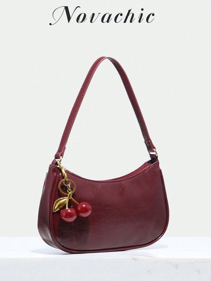 1pc Novachic Summer Straw Decor Pendant, Cherry Shaped Ornament, Women Minimalist Shoulder Bag, Zipper Closure, Retro Style Underarm Bag, Suitable For Various Occasions