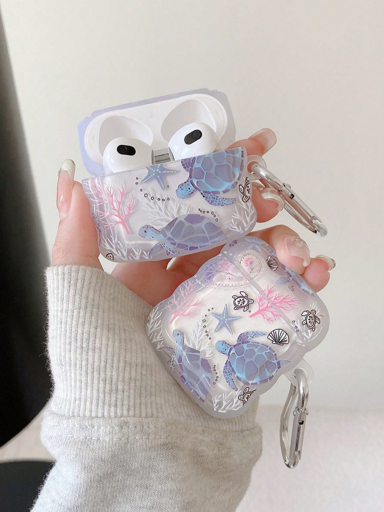 1pc Ocean Elements Earphone Case, Turtle, Shell, Coral Design Transparent Earphone Case With 1pc Earphone Case Holder Clip, Compatible With AirPod Case, Headphones, Pro (2nd Gen), 3, Pro, 1/2, 4