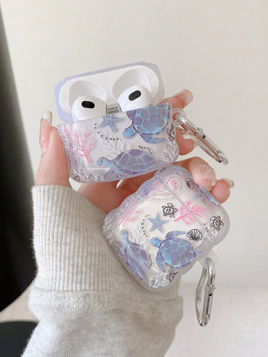 1pc Ocean Elements Earphone Case, Turtle, Shell, Coral Design Transparent Earphone Case With 1pc Earphone Case Holder Clip, Compatible With AirPod Case, Headphones, Pro (2nd Gen), 3, Pro, 1/2, 4