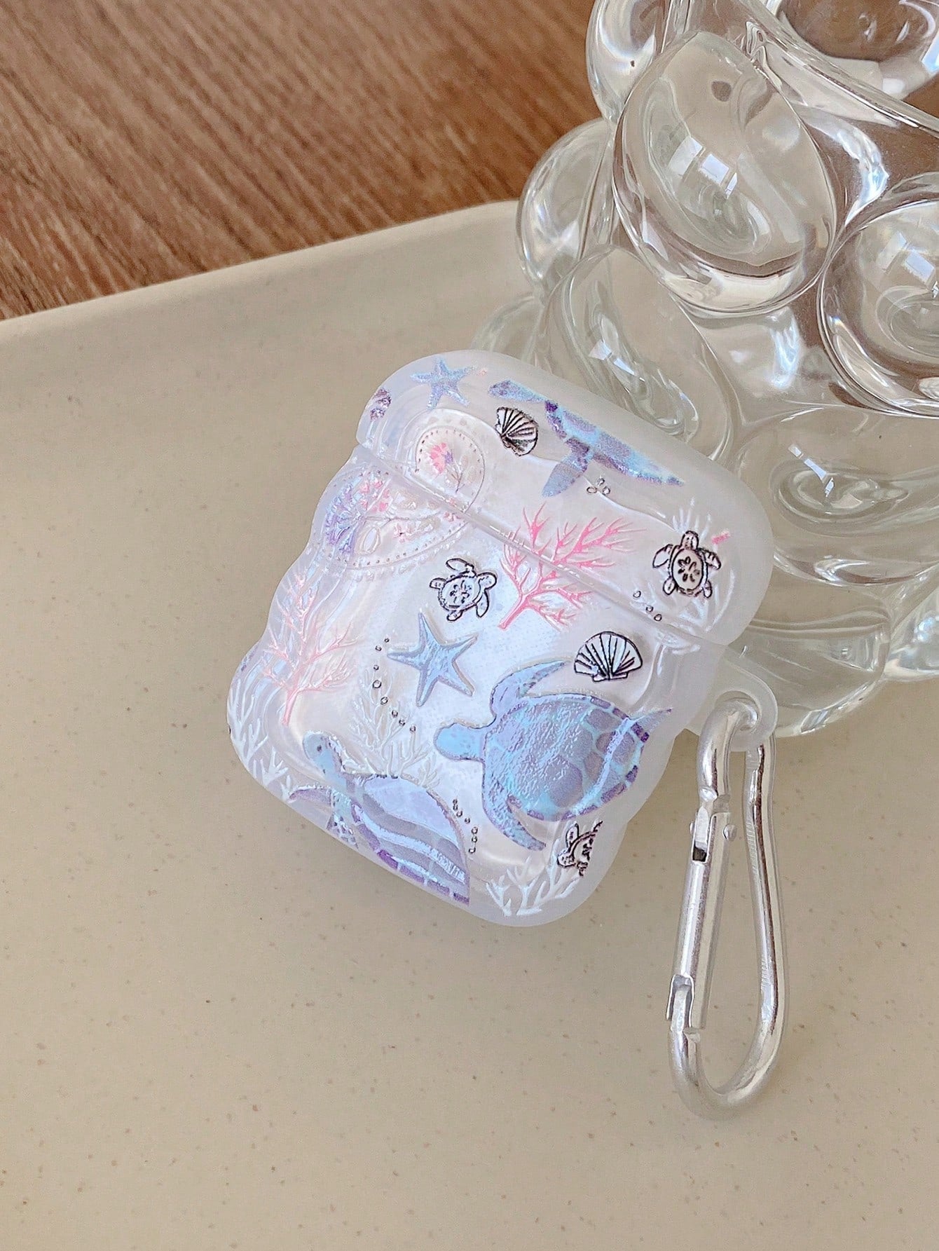 1pc Ocean Elements Earphone Case, Turtle, Shell, Coral Design Transparent Earphone Case With 1pc Earphone Case Holder Clip, Compatible With AirPod Case, Headphones, Pro (2nd Gen), 3, Pro, 1/2, 4