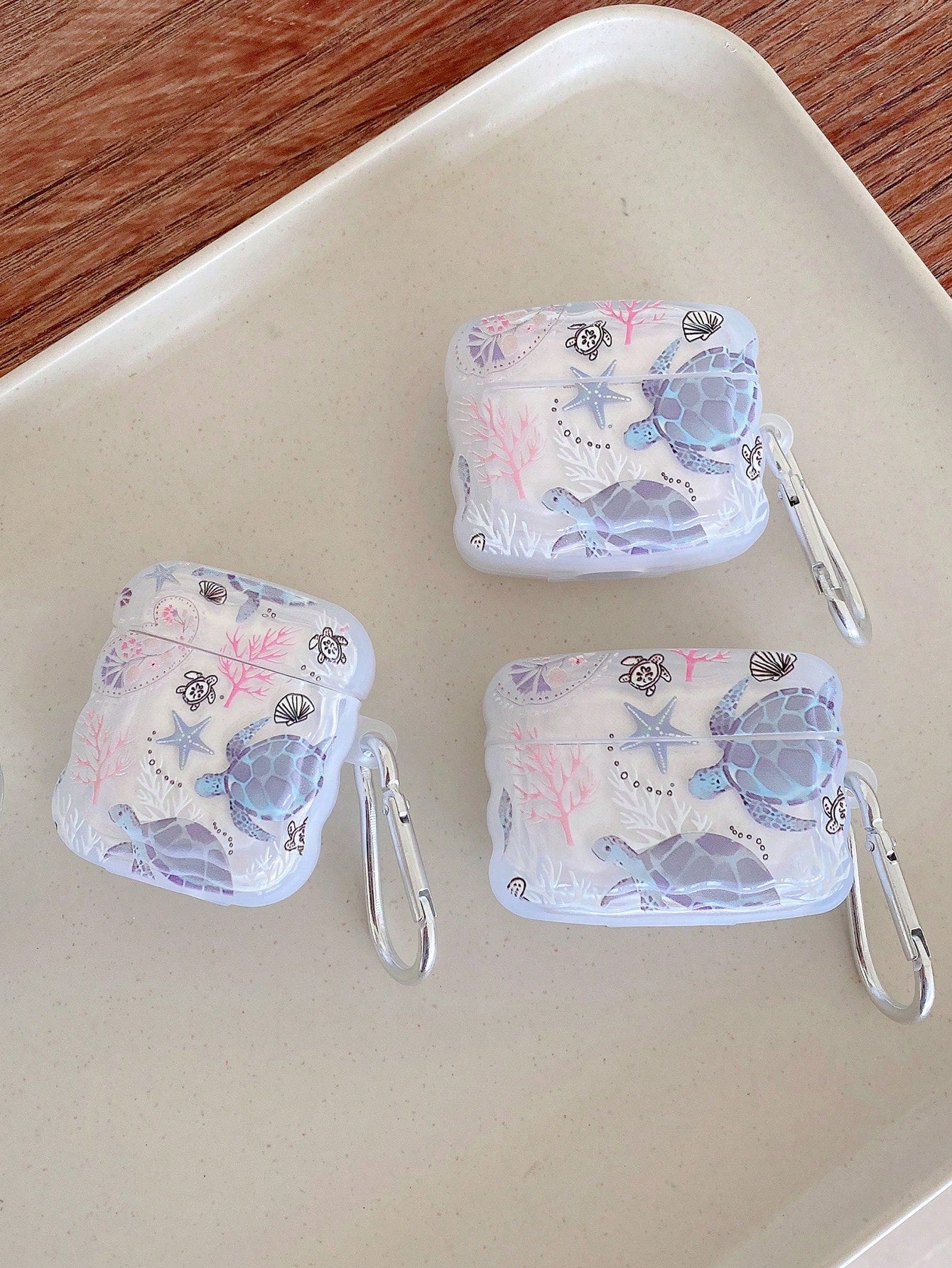 1pc Ocean Elements Earphone Case, Turtle, Shell, Coral Design Transparent Earphone Case With 1pc Earphone Case Holder Clip, Compatible With AirPod Case, Headphones, Pro (2nd Gen), 3, Pro, 1/2, 4