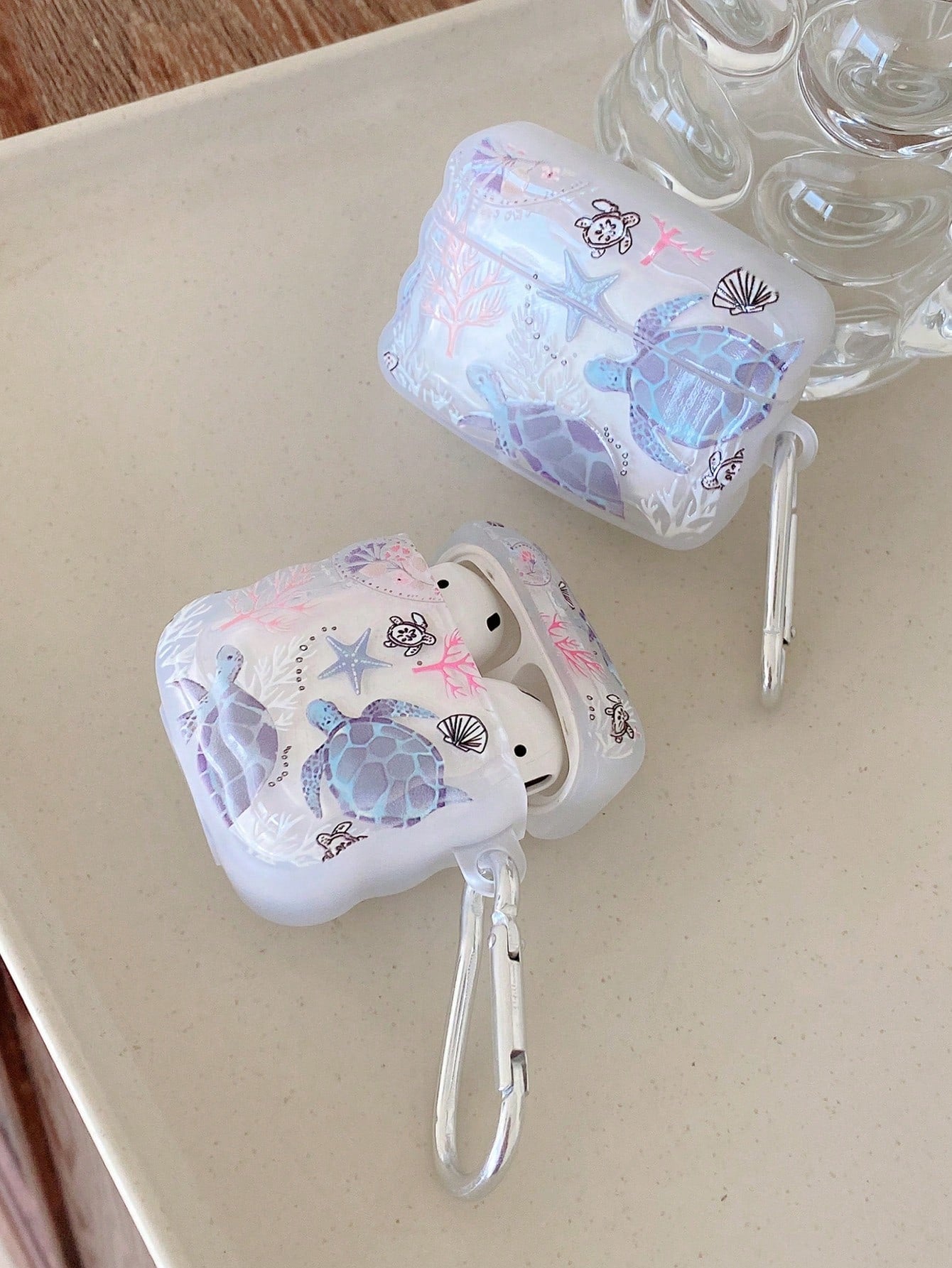 1pc Ocean Elements Earphone Case, Turtle, Shell, Coral Design Transparent Earphone Case With 1pc Earphone Case Holder Clip, Compatible With AirPod Case, Headphones, Pro (2nd Gen), 3, Pro, 1/2, 4
