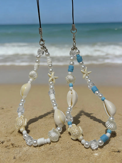 1pc Ocean Series Seashell, Starfish, Turtle Bohemian Shell Beach Decor, Faux Pearl Soft Clay Bead Necklace, Phone Strap, Earphone Strap, Bag Accessory, Gift For Friends