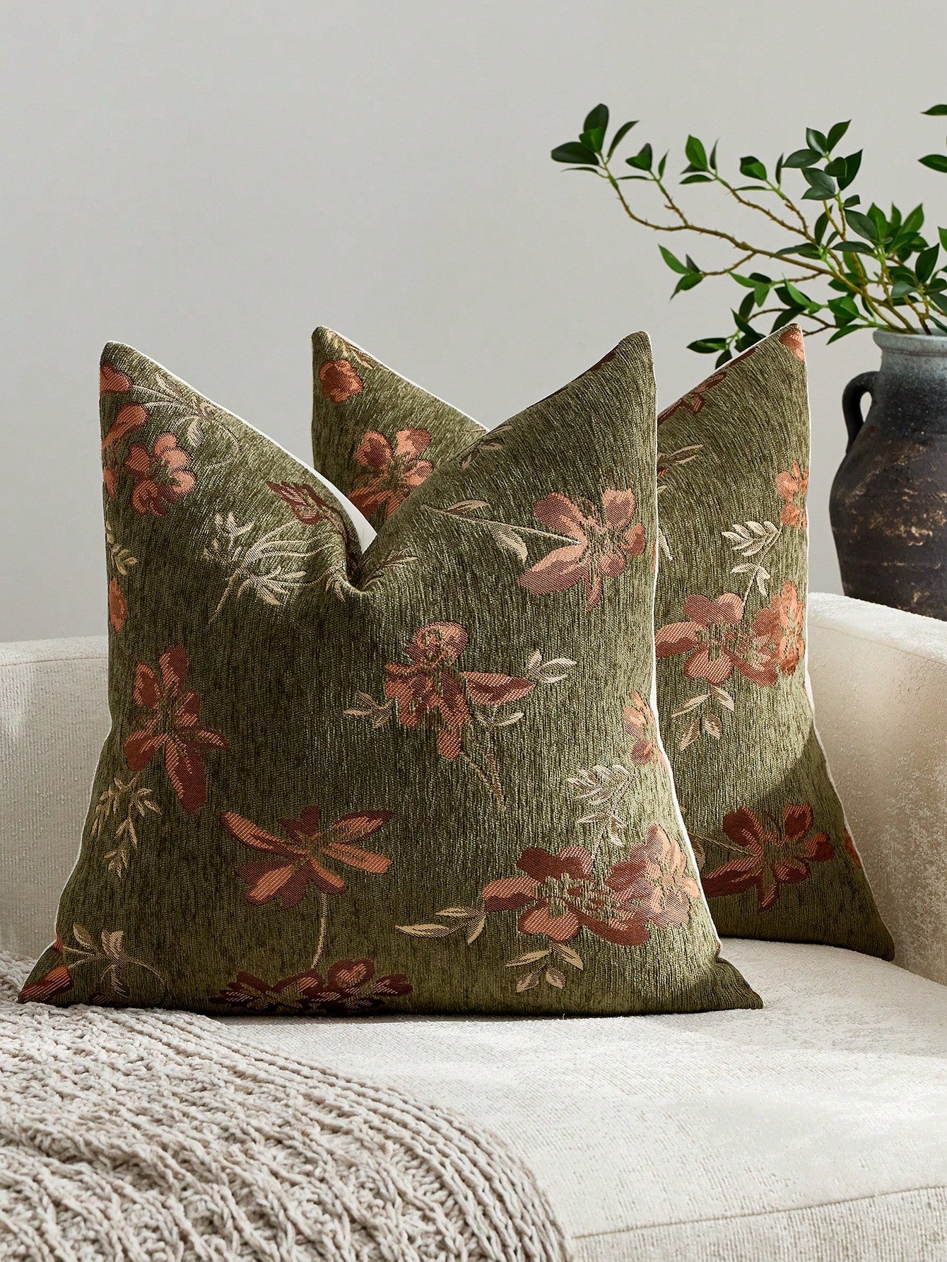 1pc Olive Green (No Insert) Floral Pattern Pillowcase, Modern Fashion Luxury Comfortable Soft Jacquard Cushion Cover, Suitable For Daily Home Decor, Sofa, Bed, Bedroom, Living Room, Cafe, Exhibition H