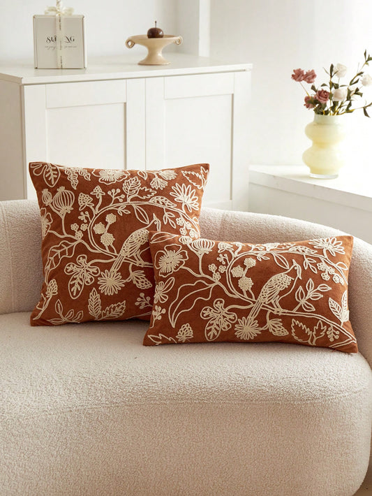 1pc Orange Floral & Bird Embroidery Plush Decorative Pillow Case, Suitable For All Seasons, Indoor Decor, Without Pillow Insert