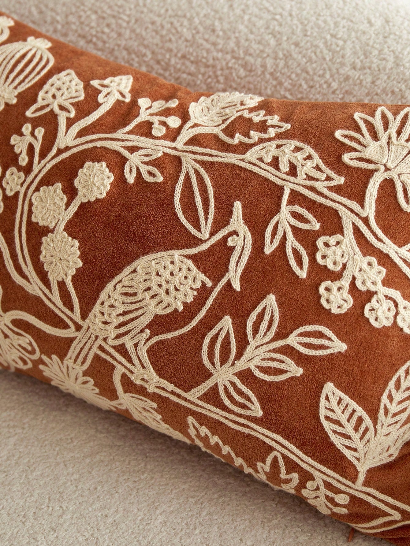 1pc Orange Floral & Bird Embroidery Plush Decorative Pillow Case, Suitable For All Seasons, Indoor Decor, Without Pillow Insert