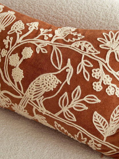 1pc Orange Floral & Bird Embroidery Plush Decorative Pillow Case, Suitable For All Seasons, Indoor Decor, Without Pillow Insert