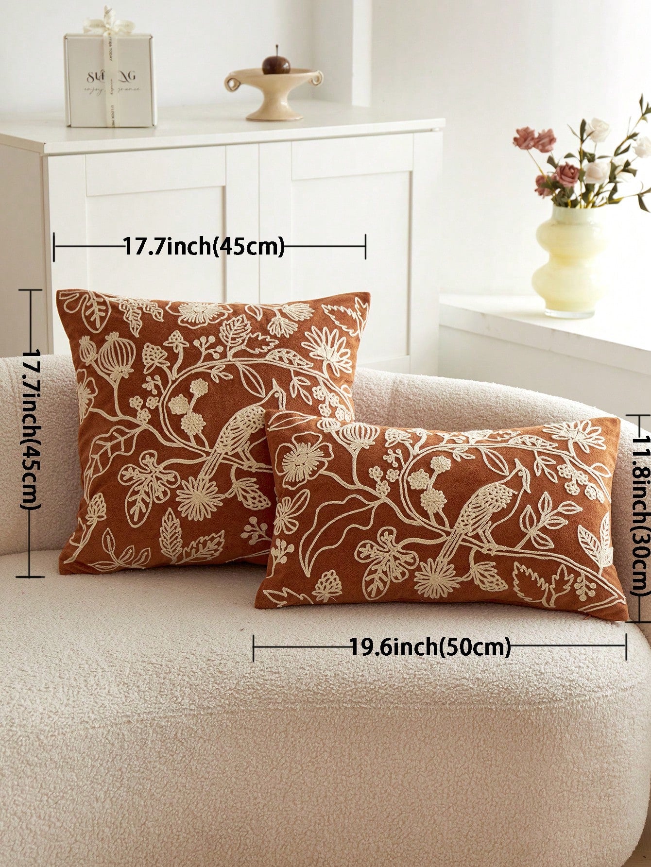 1pc Orange Floral & Bird Embroidery Plush Decorative Pillow Case, Suitable For All Seasons, Indoor Decor, Without Pillow Insert